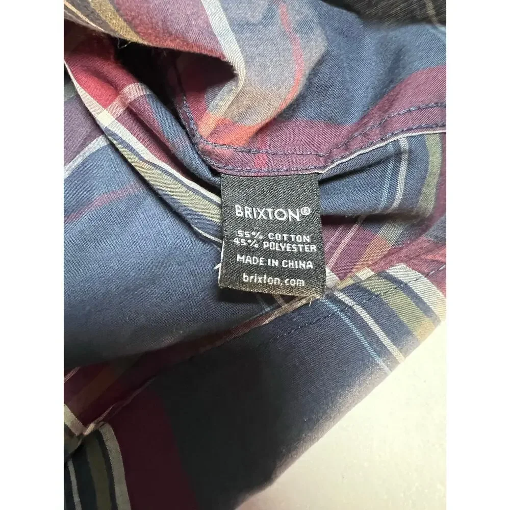 Brixton Mens M Plaid Short Sleeve Button Down Shirt Blue Burgundy Cotton Blend